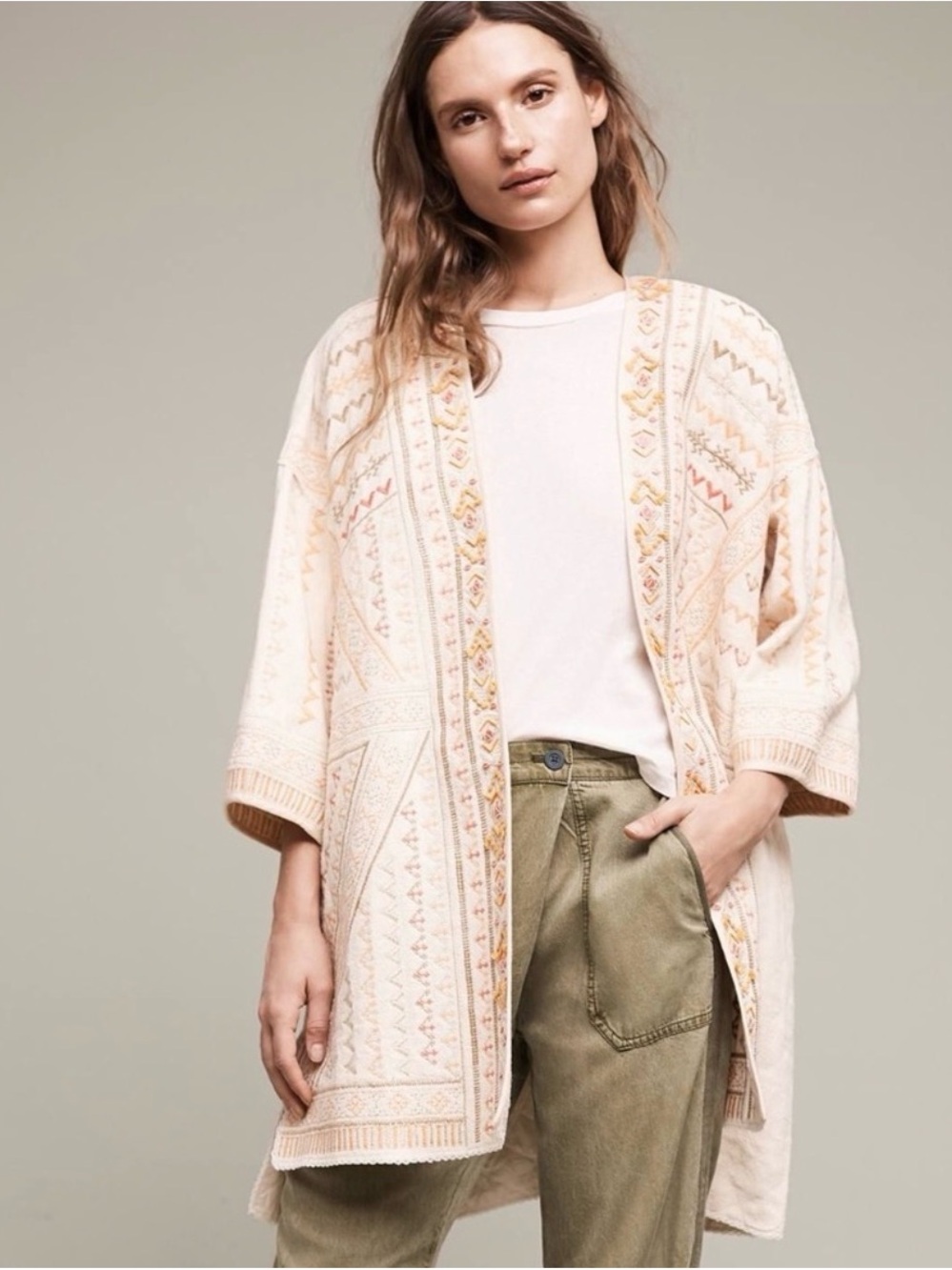 Embroidered Open-Front Cream Cape Jacket